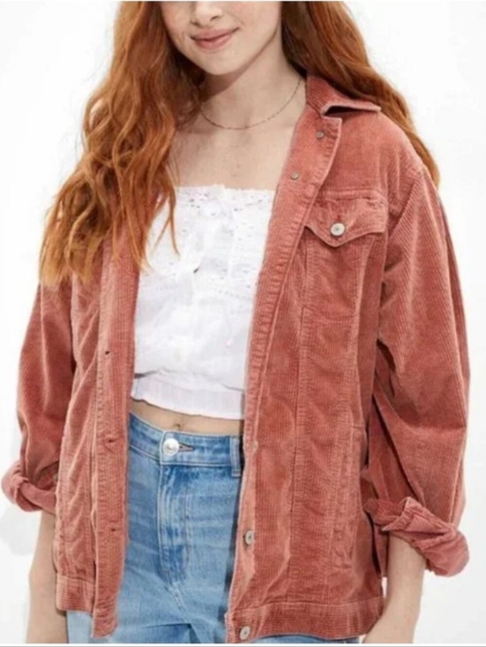 American Eagle Corduroy Oversized Slouchy Mauve Dusty Rose Shacket Sz S